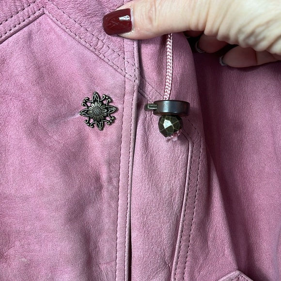 Maggie Lawrence pink leather zip/snap close fox fur trim bomber jacket Sz M PINK - Picture 6 of 13